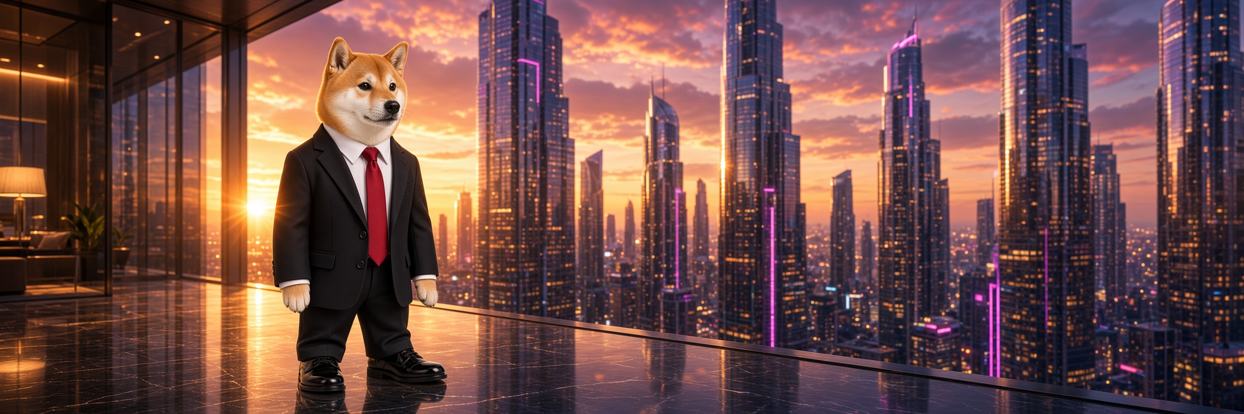 SUITINU banner — suited Shiba overlooking the city